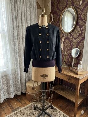 Vintage Castleberry Black Textured Blouse Gold Button Detail Size 18